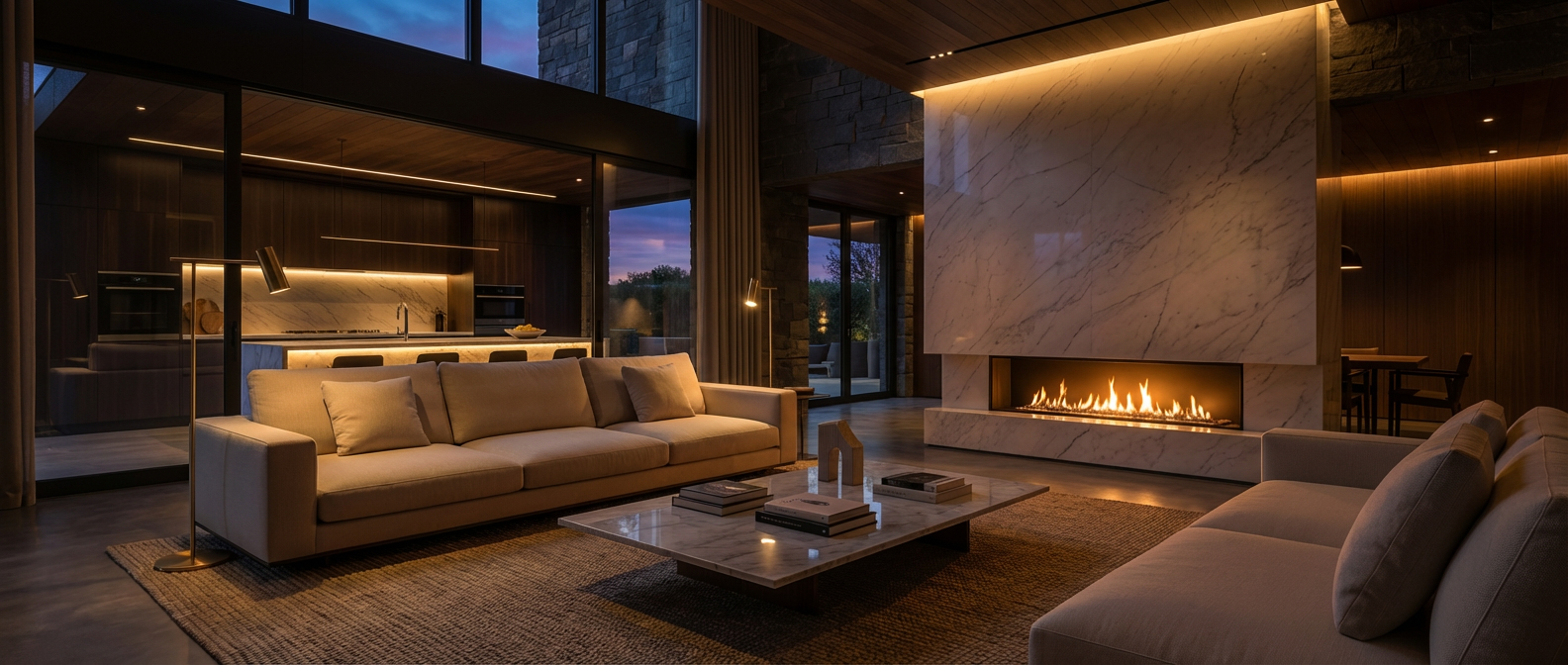 Firefly Gemini Flash Dark Warm Luxury Interior At Dusk With Modern Classic Architecture. Double Height Li 283168